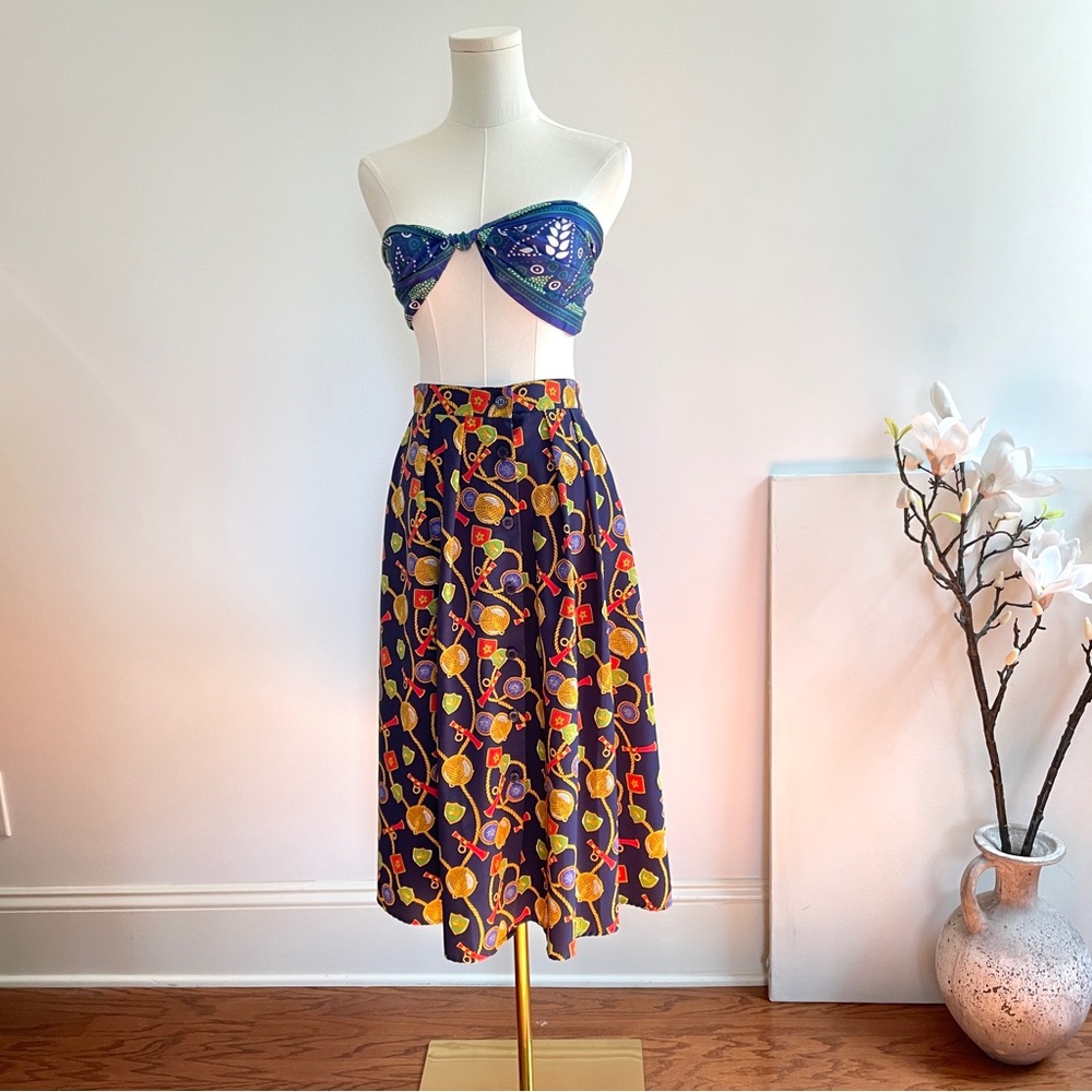 Vintage 90s Chaus Petites Skirt 12P Nautical Scarf Print Preppy Old Money Midi